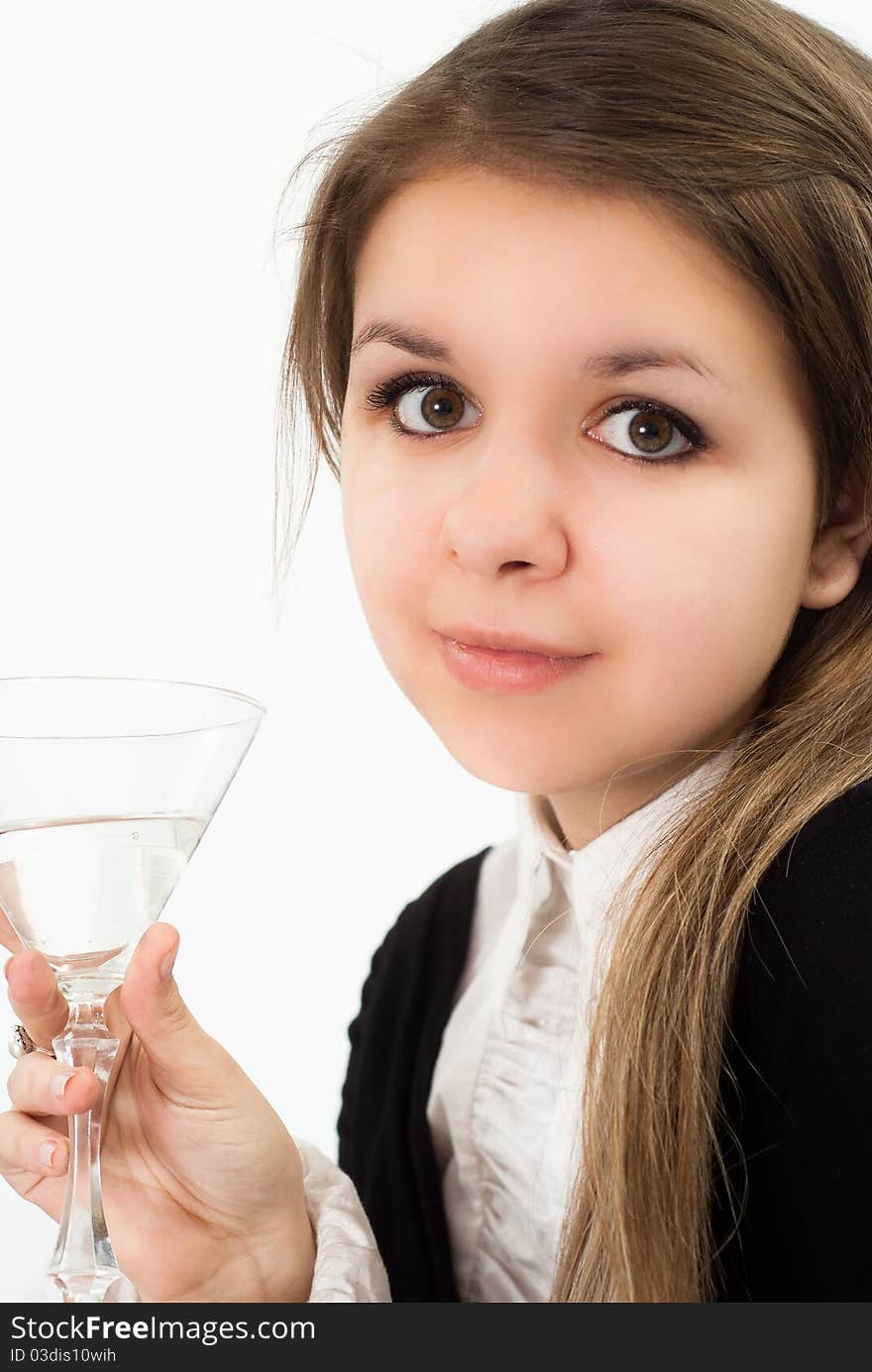 Nice woman in a black business suit on a white