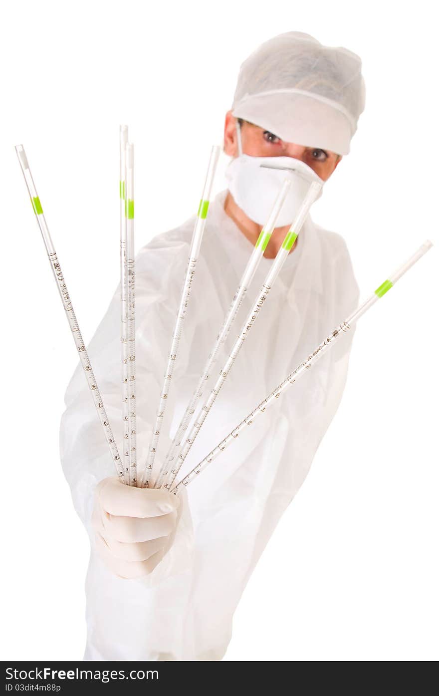 Doctor with mask holding sticks in white background