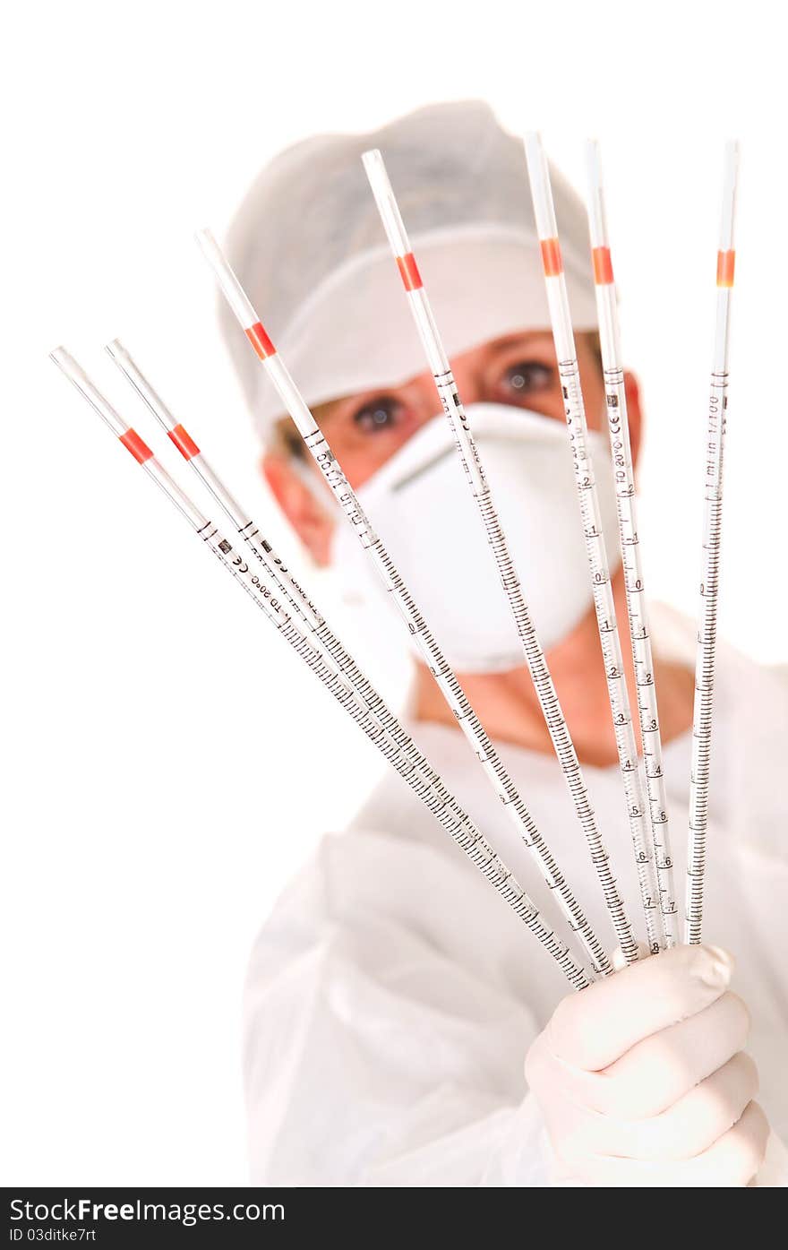 Doctor with mask holding sticks in white background