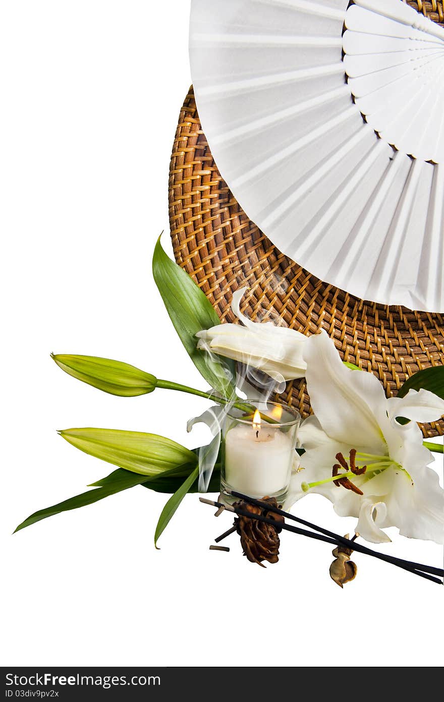 Flower, candle and incense stick on white background. Flower, candle and incense stick on white background