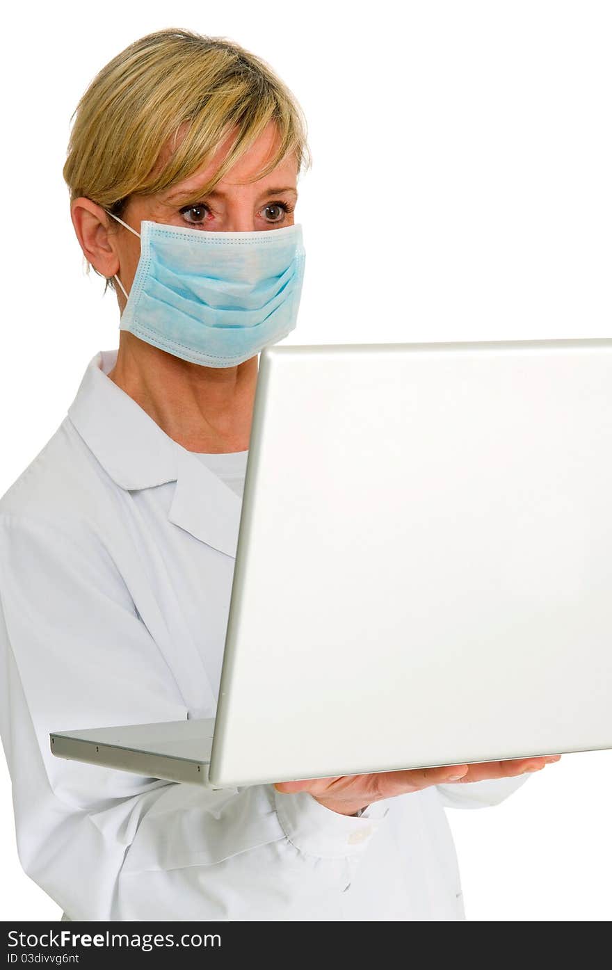 Female doctor with mask and laptop in white background