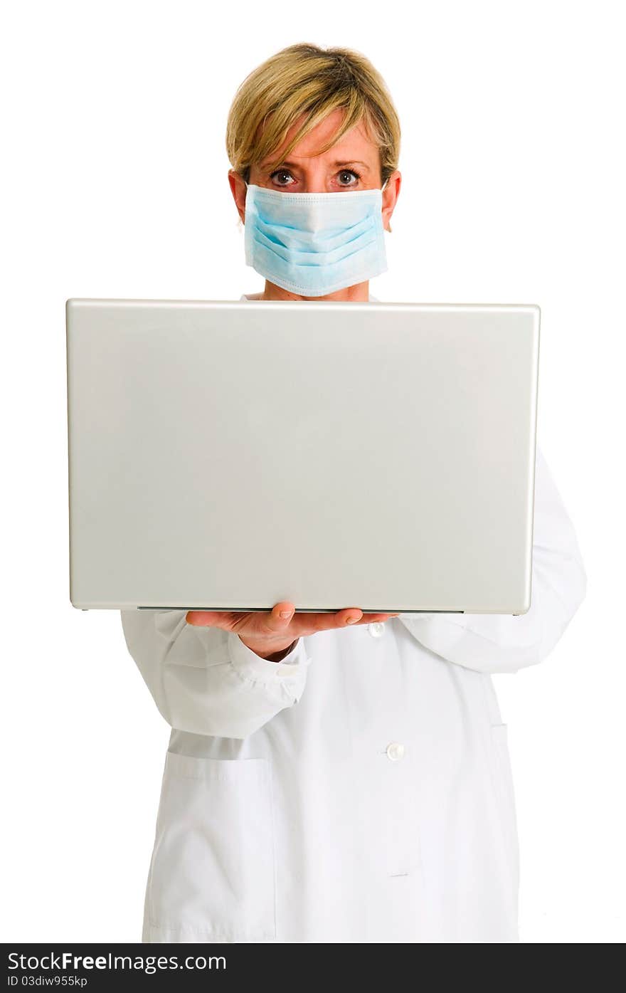 Female doctor with mask and laptop