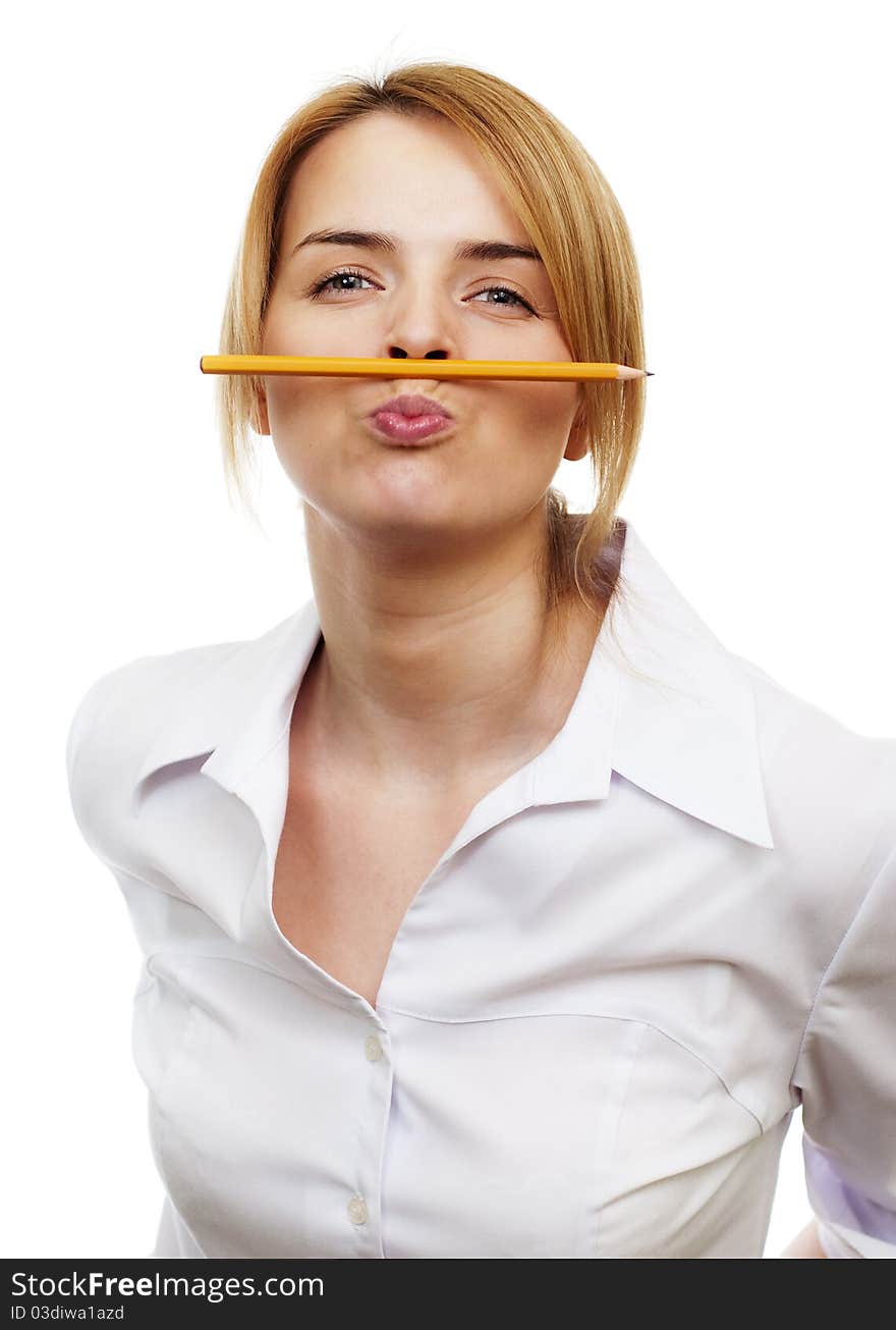 Business woman holding a pancil by lips