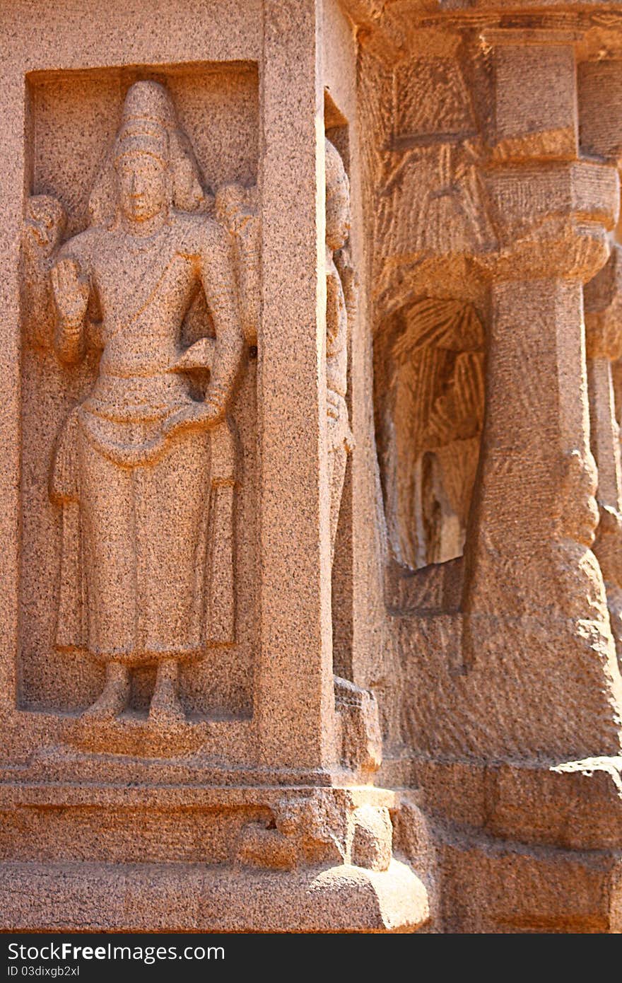 Sculptured female door keepers on stone Chariots at 'Five Rathas' Monolithic Rock Temple (Shore Temple), South Indian state Tamil Nadu. Sculptured female door keepers on stone Chariots at 'Five Rathas' Monolithic Rock Temple (Shore Temple), South Indian state Tamil Nadu.