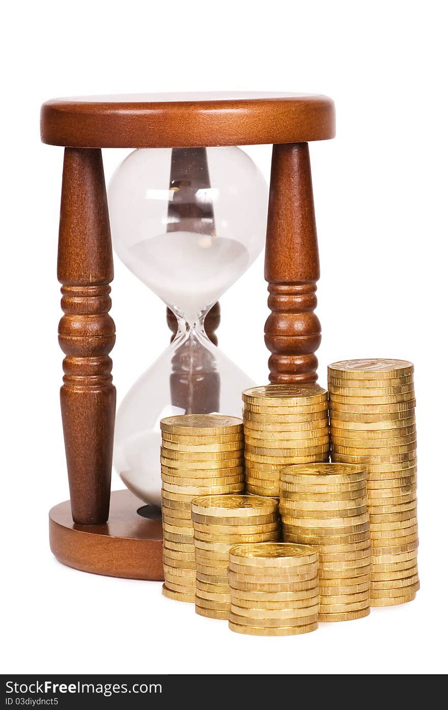 Hourglasses and coin - time and money concept