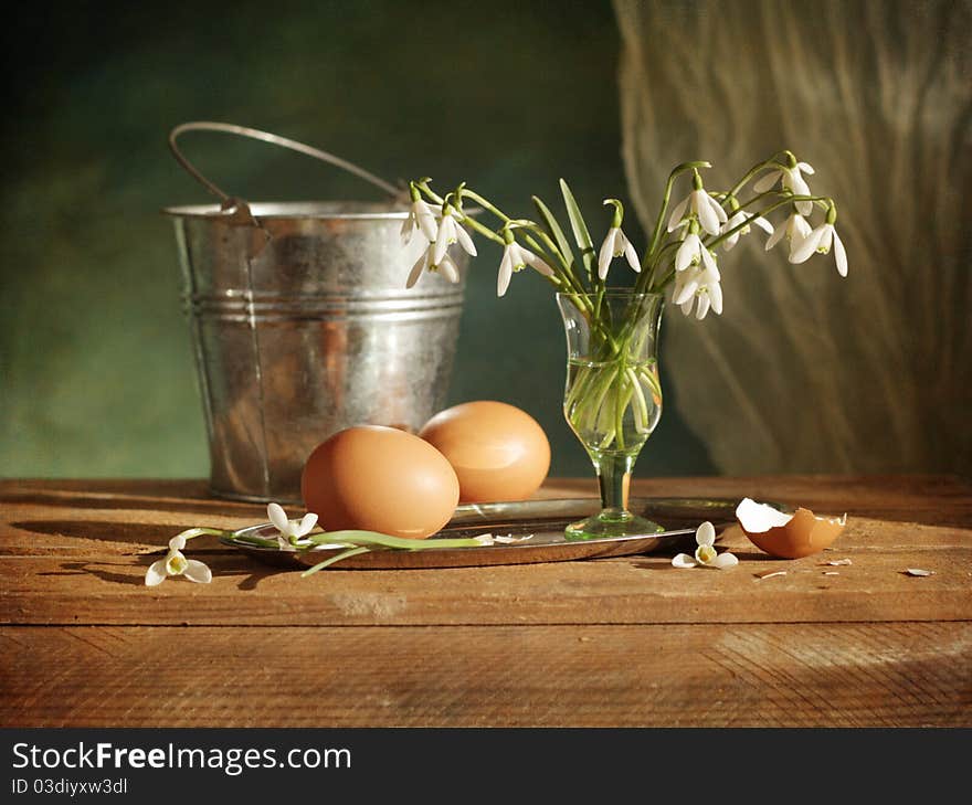 Still life with snowdrops and eggs