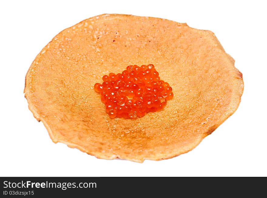 Pancakes with caviar against white background