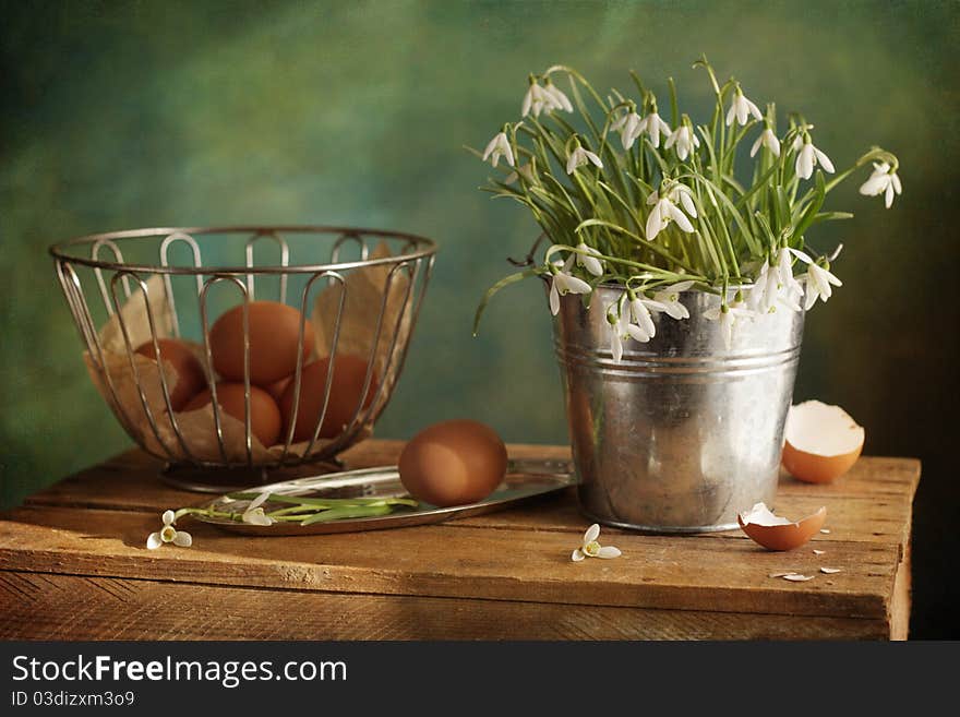 Still life with snowdrops and eggs. Still life with snowdrops and eggs