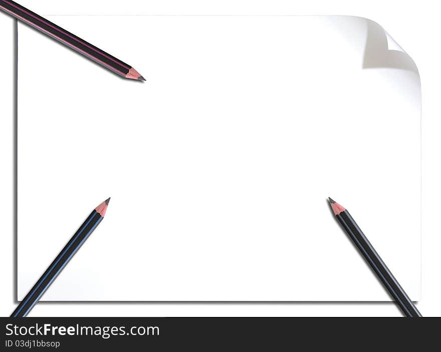 White paper and pencil isolated on white background