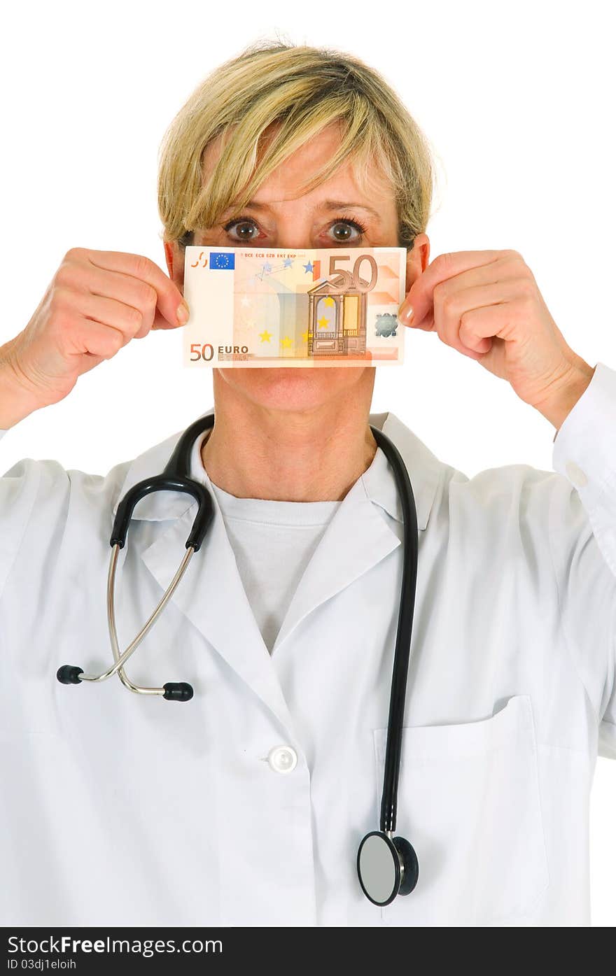 Female doctor holding banknotes in white background