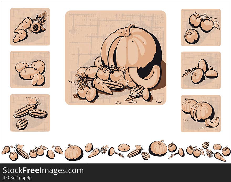 Set of vegetables and still life on a woven background of