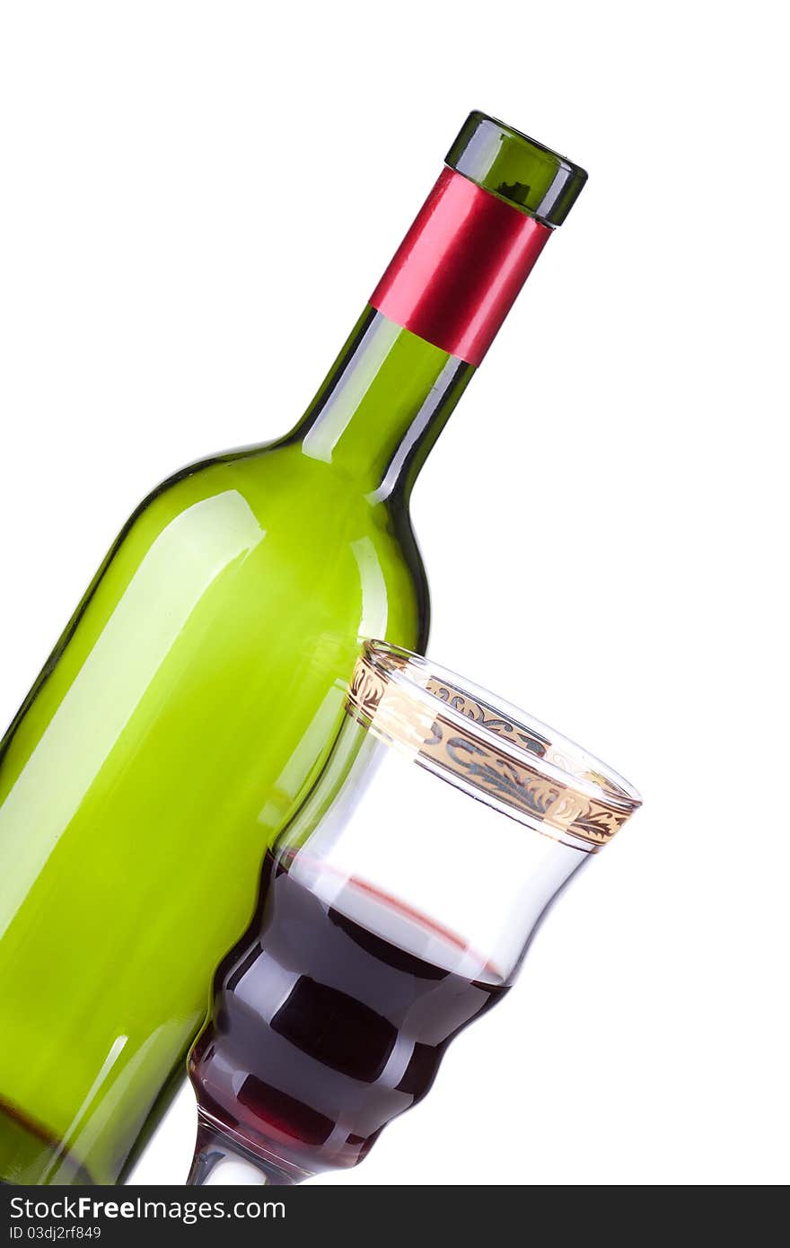 Wine bottle and wineglass on a white background