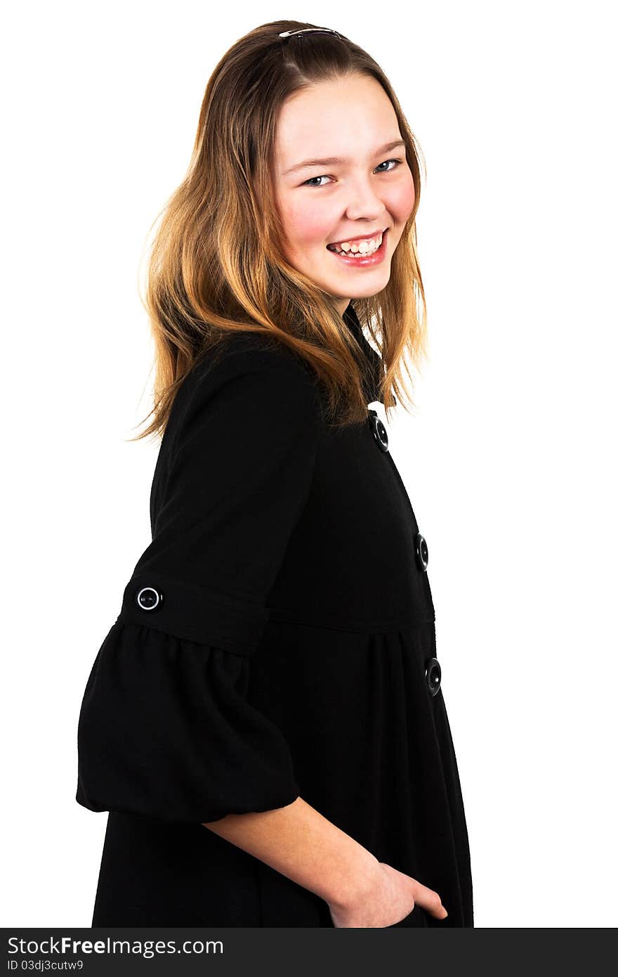 Girl in a black coat over a white background