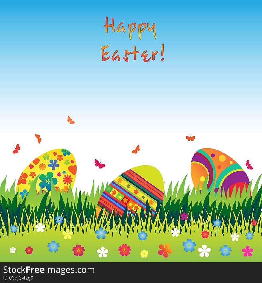 Easter eggs in the grass with butterflies and flowers. Easter eggs in the grass with butterflies and flowers.