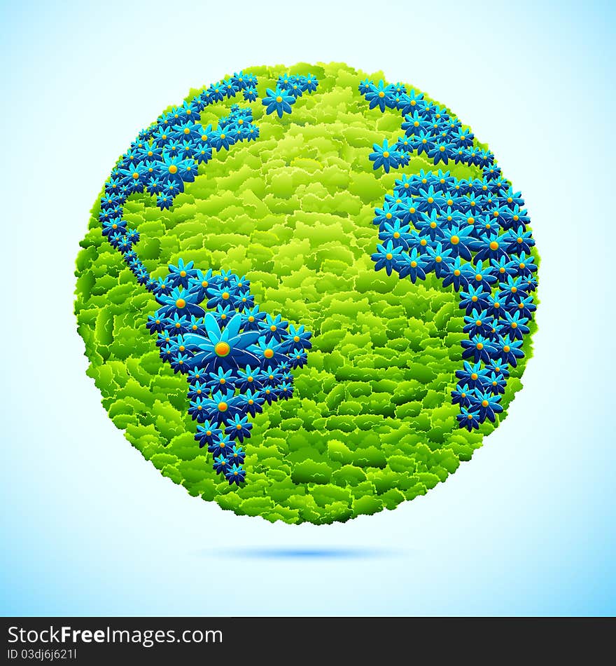 Illustration of globe made of grass and flower. Illustration of globe made of grass and flower