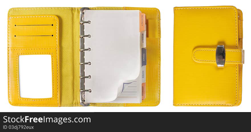 Yellow binder paper spiral notebooks cover and inside page isolated on white. Yellow binder paper spiral notebooks cover and inside page isolated on white