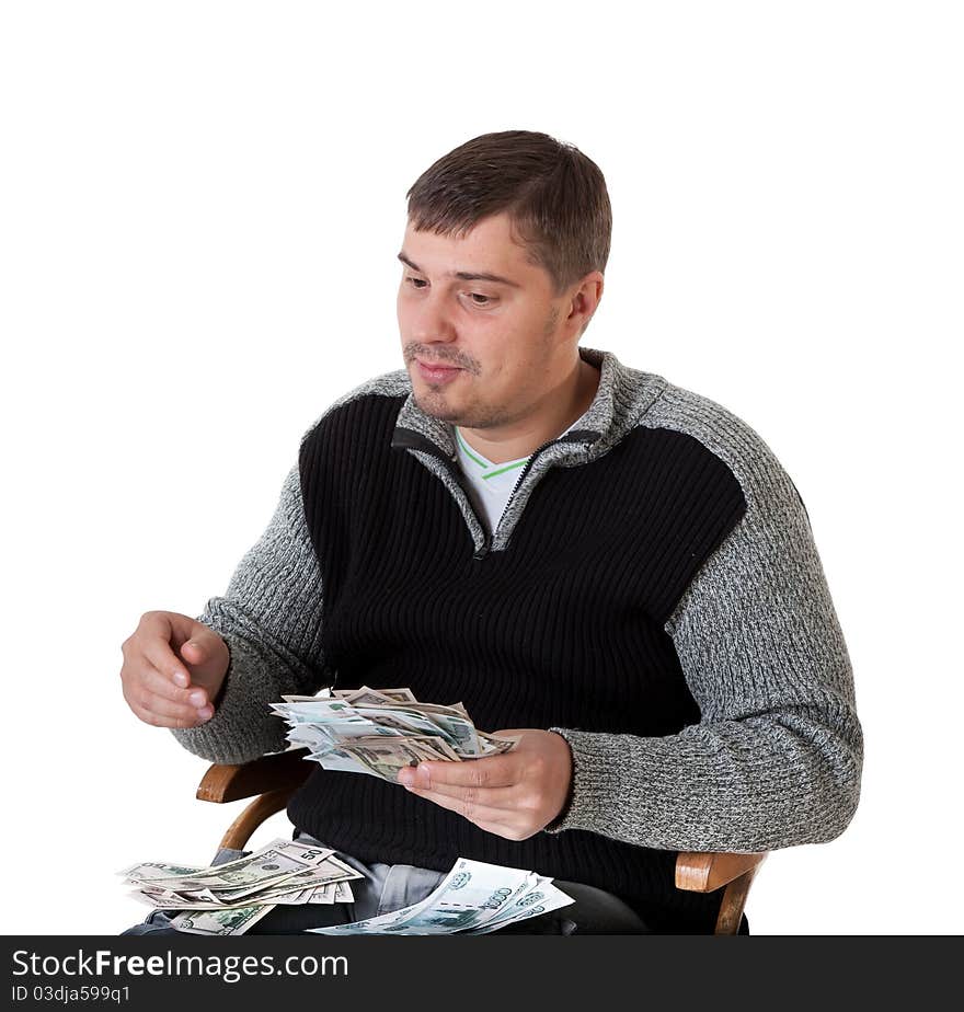 A young man finds money isolated on white with clipping path