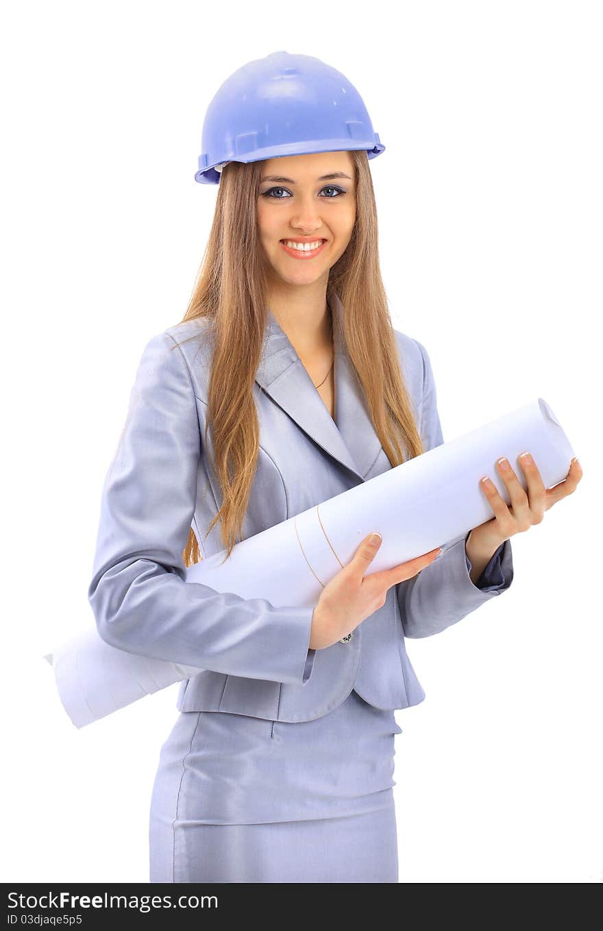 The beautiful business woman the architect on a white background