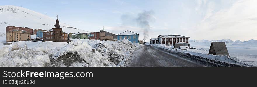 Barentsburg - Russian Arctic city in the winter, PANORAMA. Barentsburg - Russian Arctic city in the winter, PANORAMA