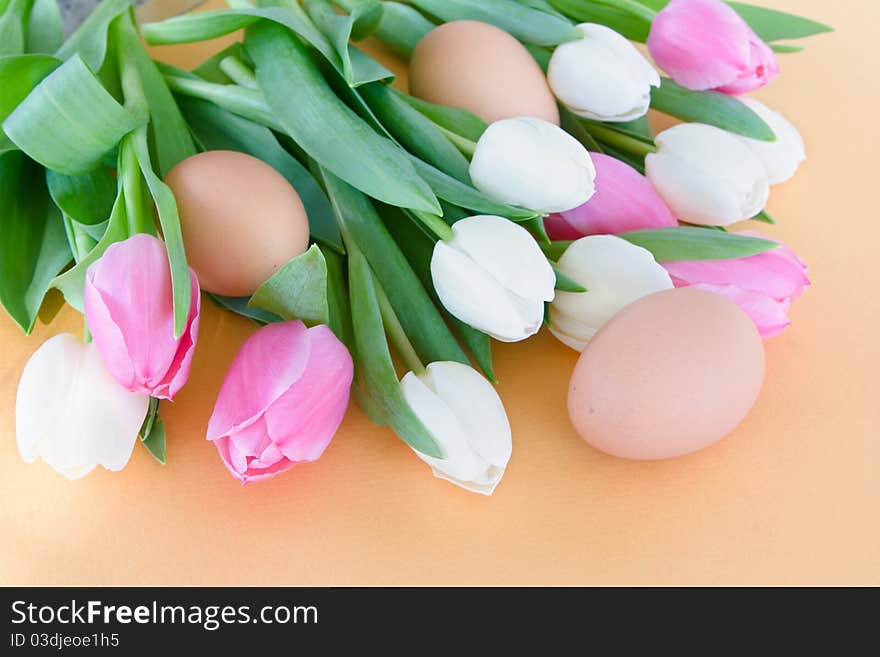 Pink and white tulips and brown eggs on orange background - easter. Pink and white tulips and brown eggs on orange background - easter