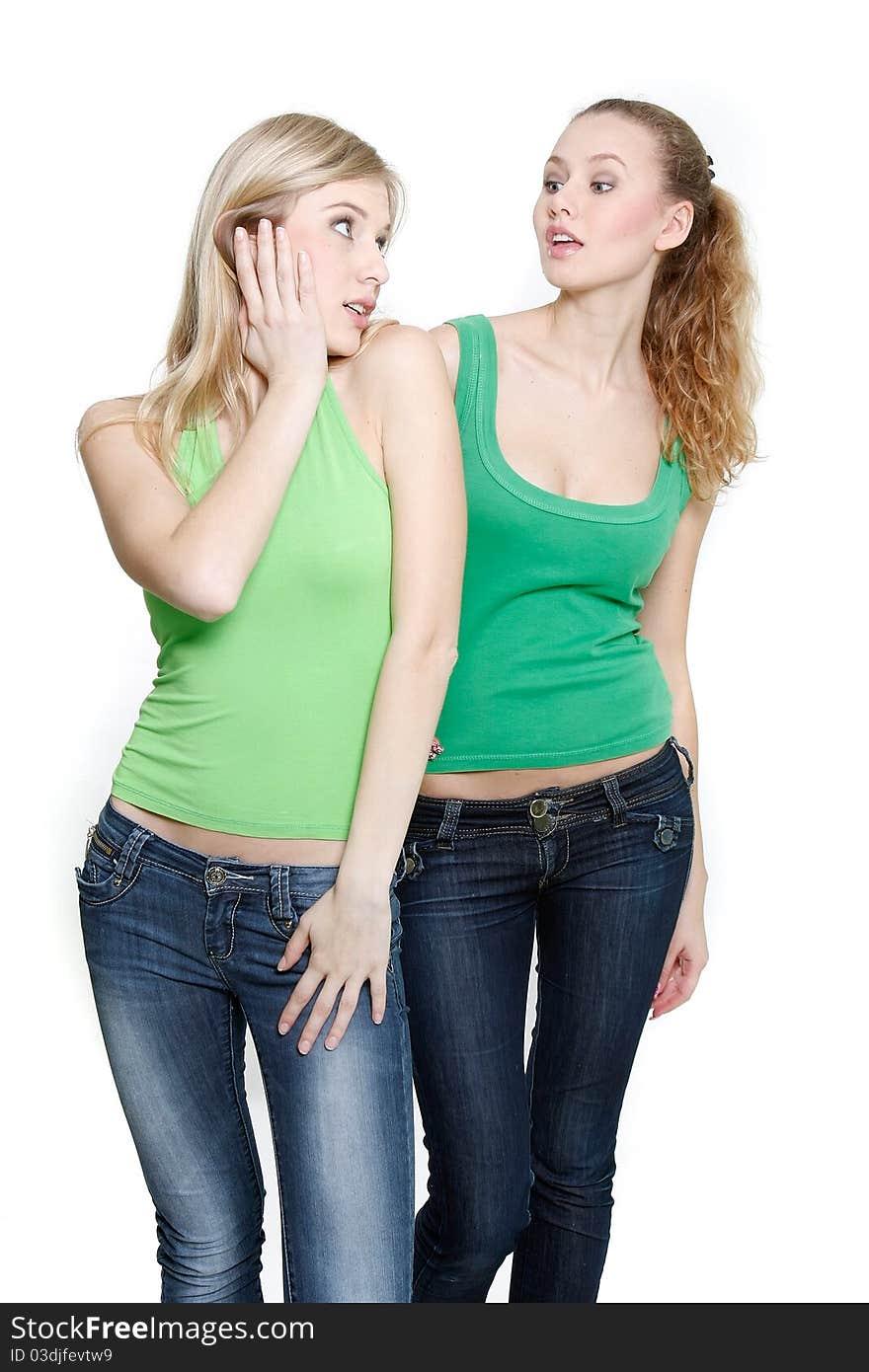 Two young women over white