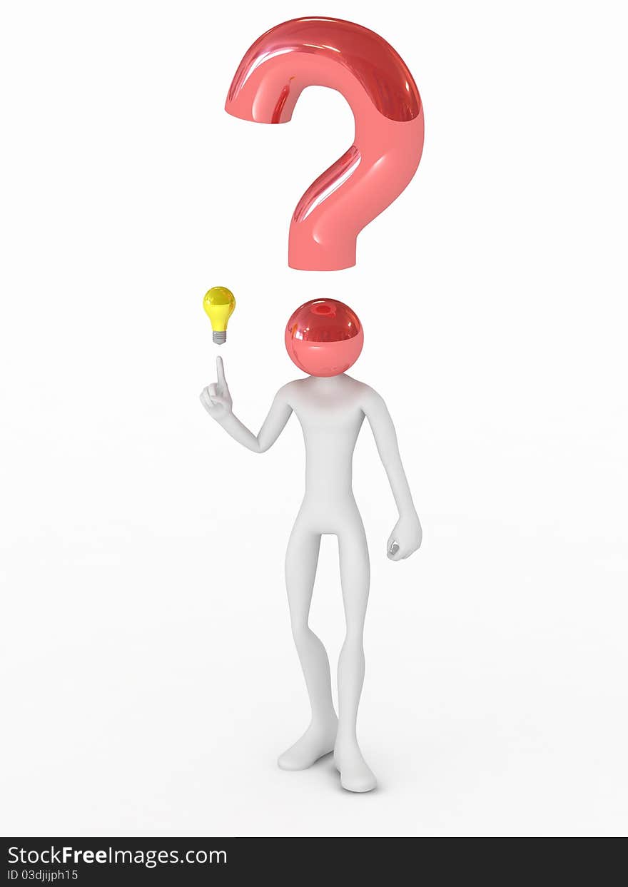 Idea illustration with white isolated puppet. Idea concept with lightbulb. Question and solution.