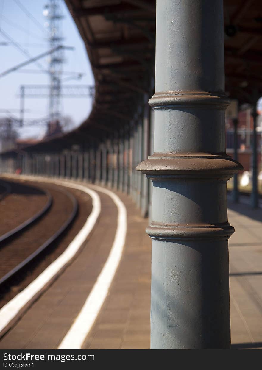 Columns supporting the roof of the platform at the station from the early 20th century