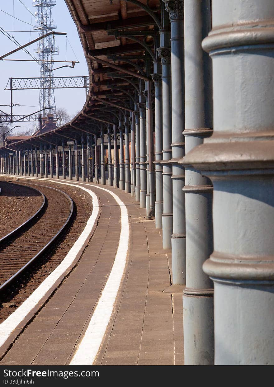 Columns supporting the roof of the platform at the station from the early 20th century