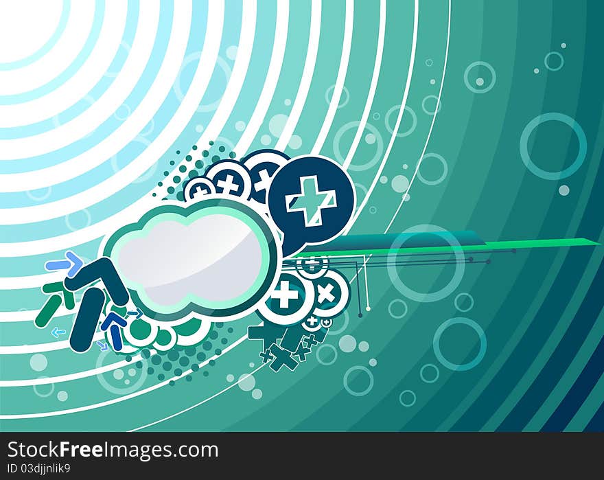 Greenish blue illustration with bubbles, arrows and crosses. Greenish blue illustration with bubbles, arrows and crosses