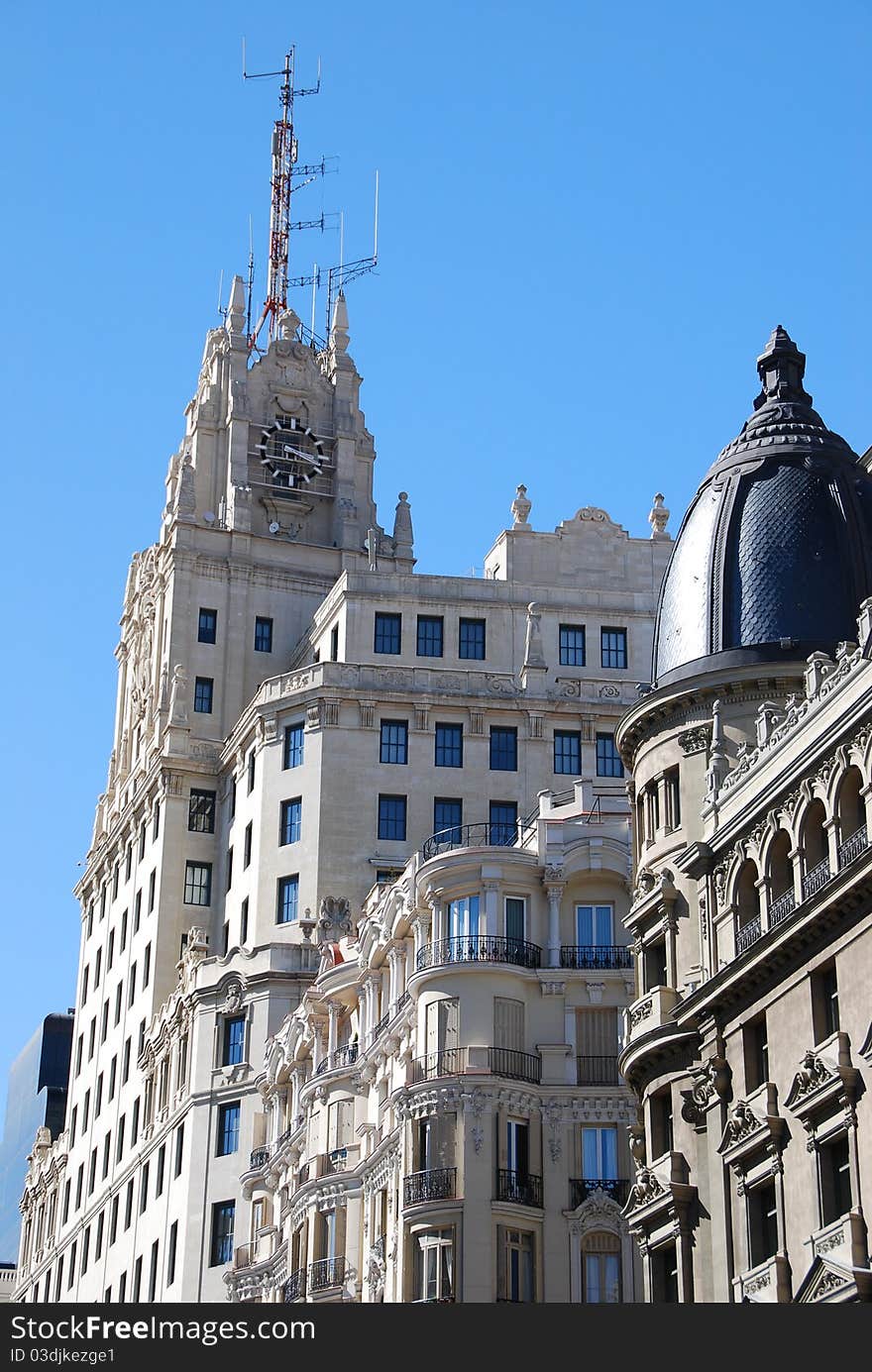 View of Telefonica building over a blue sky, Madrid, Spain. View of Telefonica building over a blue sky, Madrid, Spain