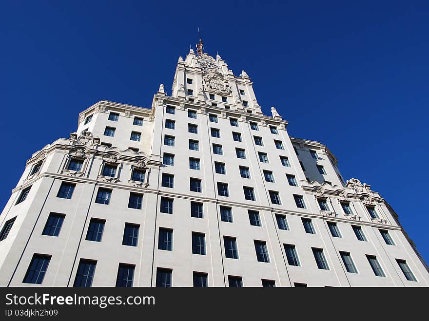 Perspective view of Telefonica building over a blue sky, Madrid, Spain