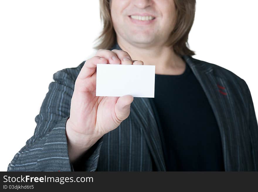 Man stretches out business card. Man stretches out business card