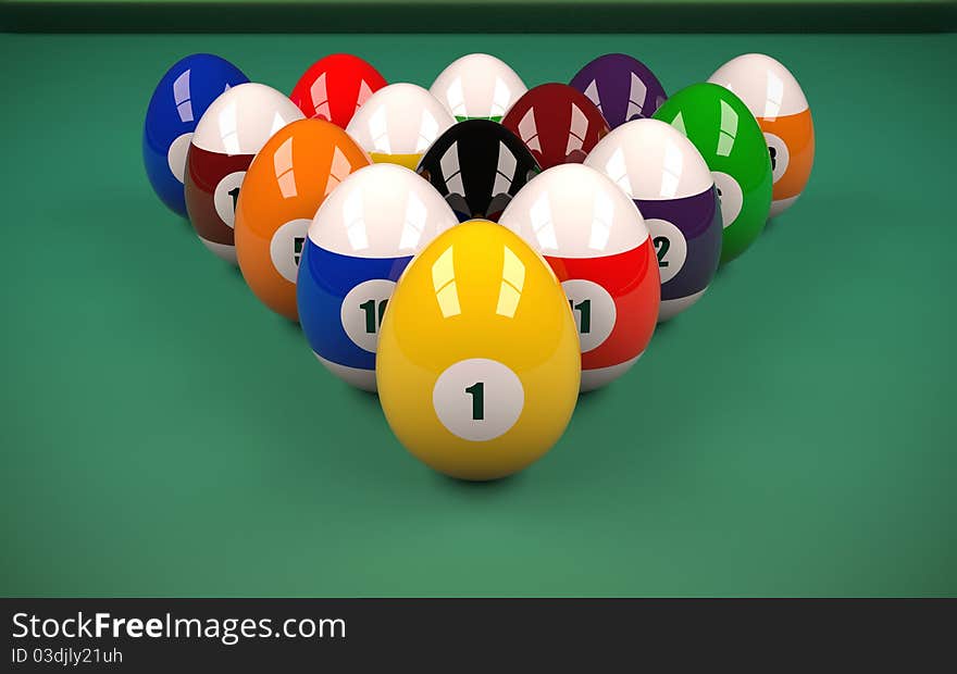 A green pool table with eggs that are painted and arranged like billiard balls. A green pool table with eggs that are painted and arranged like billiard balls.