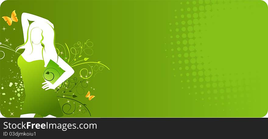 Green banner with woman silhouette and floral elements