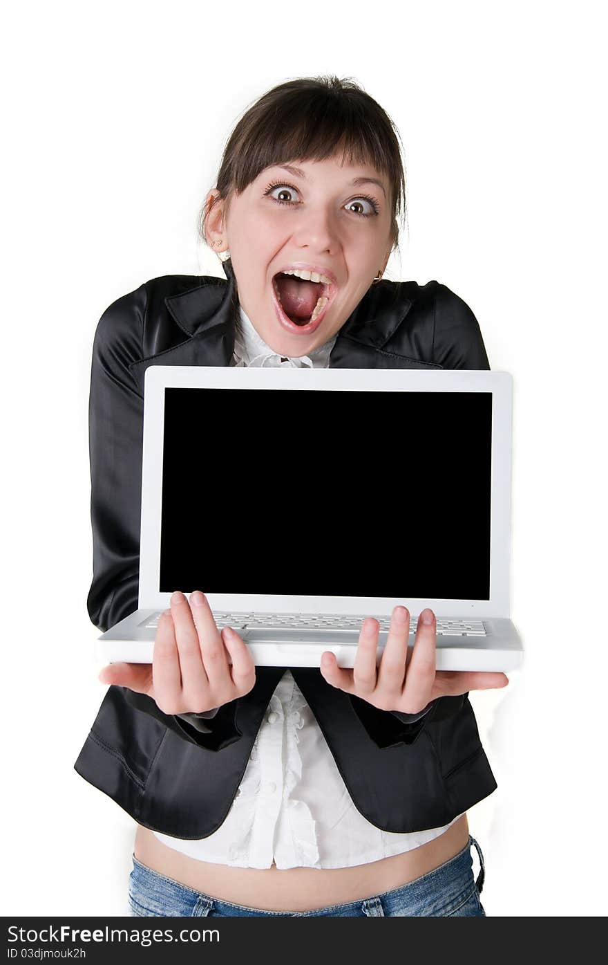 Girl yells at a laptop. Girl yells at a laptop