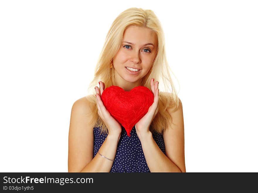 Young attractive happy woman holding big red heart. Isolated on a white background. Young attractive happy woman holding big red heart. Isolated on a white background