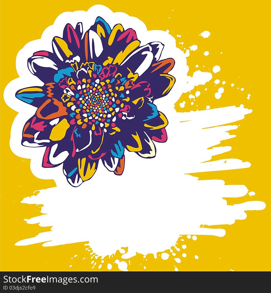 Vector postcard with retro flower on yellow background. Vector illustration