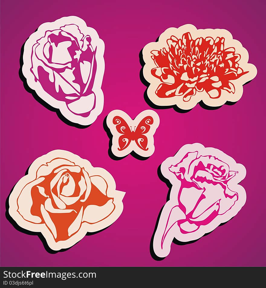 Vector flowers stickers on pink background. Vector illustration. Vector flowers stickers on pink background. Vector illustration