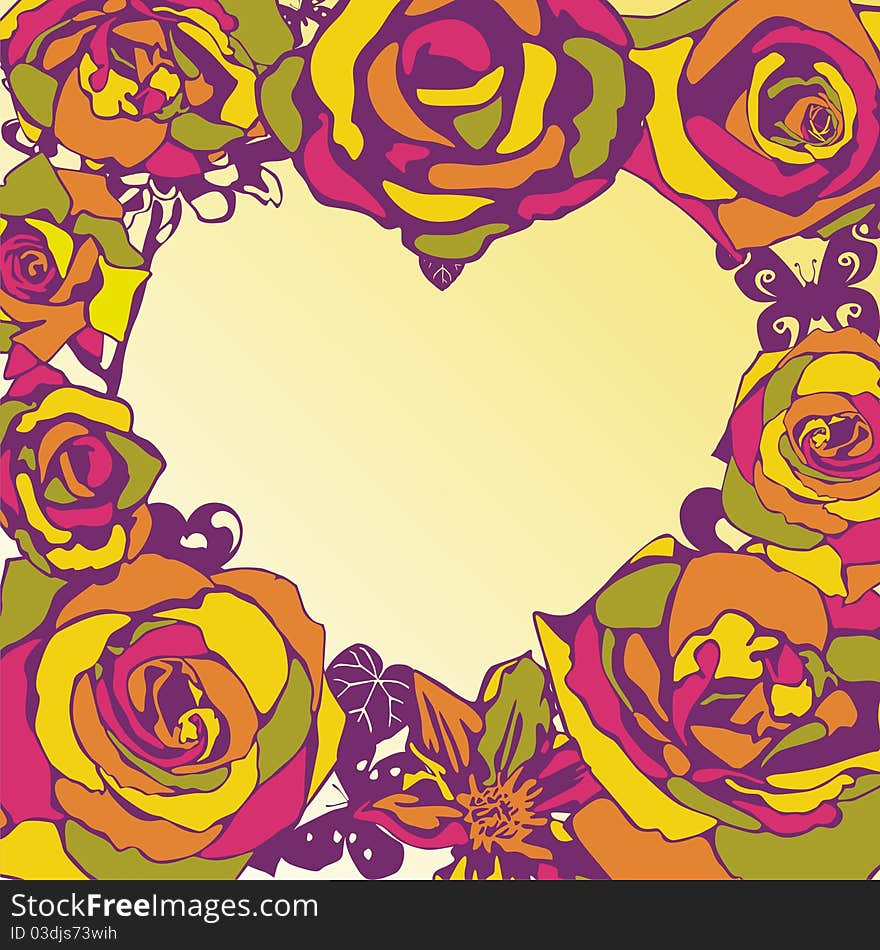 Postcard with heart and flowers on yellow background. Vector illustration. Postcard with heart and flowers on yellow background. Vector illustration