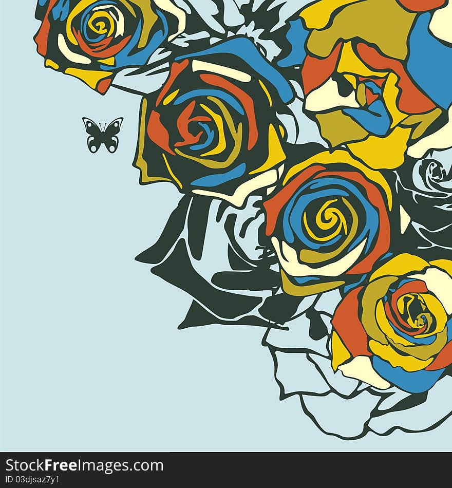 Vector postcard consist of flowers on blue background. Vector illustration. Vector postcard consist of flowers on blue background. Vector illustration