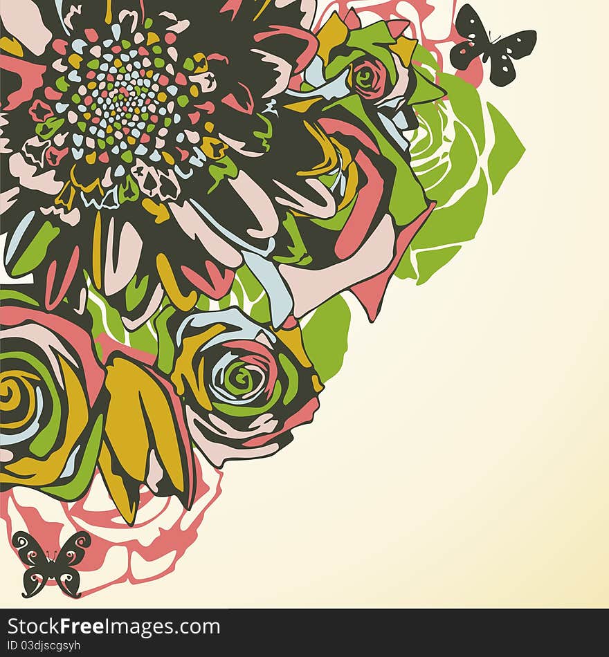 Vector postcard consist of flowers on yellow background. Vector illustration. Vector postcard consist of flowers on yellow background. Vector illustration