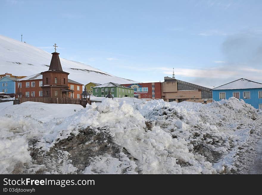 Barentsburg - Russian Arctic city in the winter. Barentsburg - Russian Arctic city in the winter