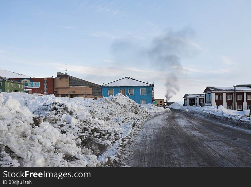 Barentsburg - Russian Arctic city in the winter. Barentsburg - Russian Arctic city in the winter