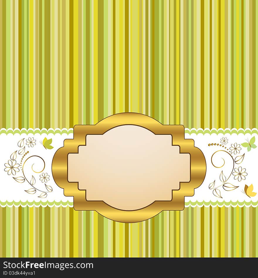 Golden vintage frame design for greeting card with floral and butterflies. Golden vintage frame design for greeting card with floral and butterflies.