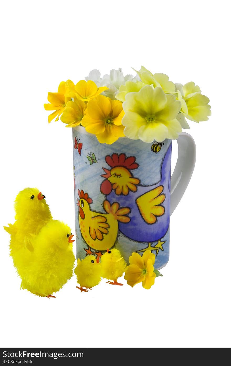 Isolated over white mug with flowers and easter chickens