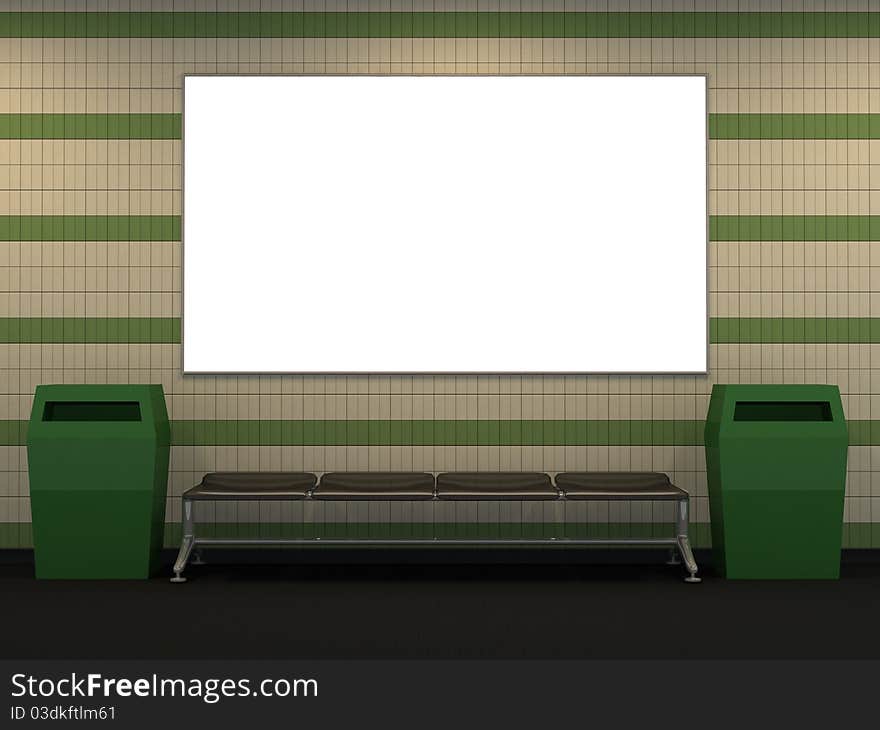 Metro station with green and white tile wall and copy space -3d illustration