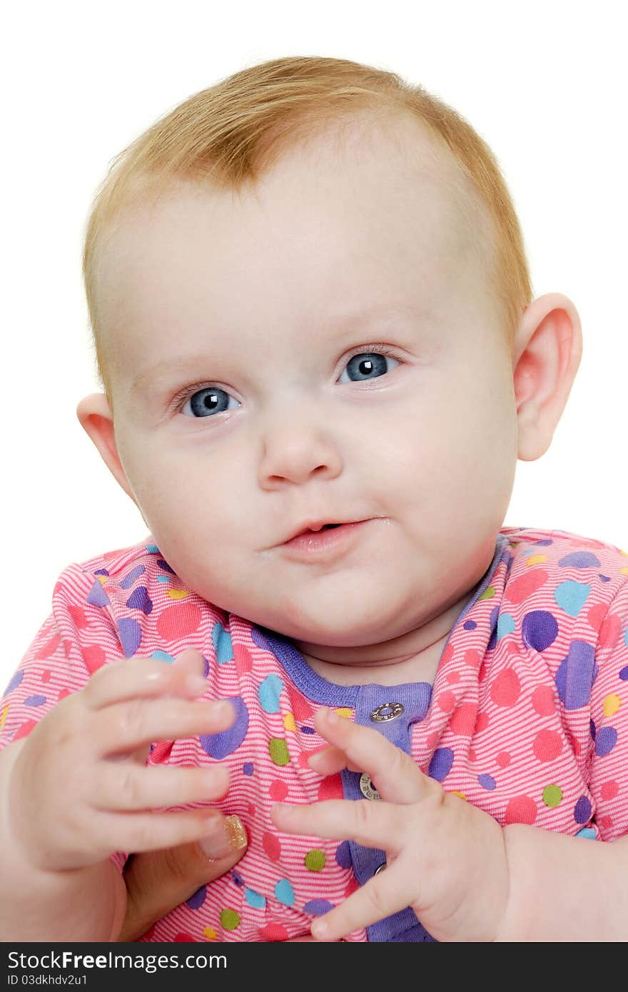 A sweet happy baby 3 month young.Taken on a white background.