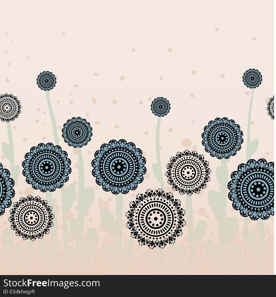 Stylized blue and black flowers on stained beige background. Stylized blue and black flowers on stained beige background