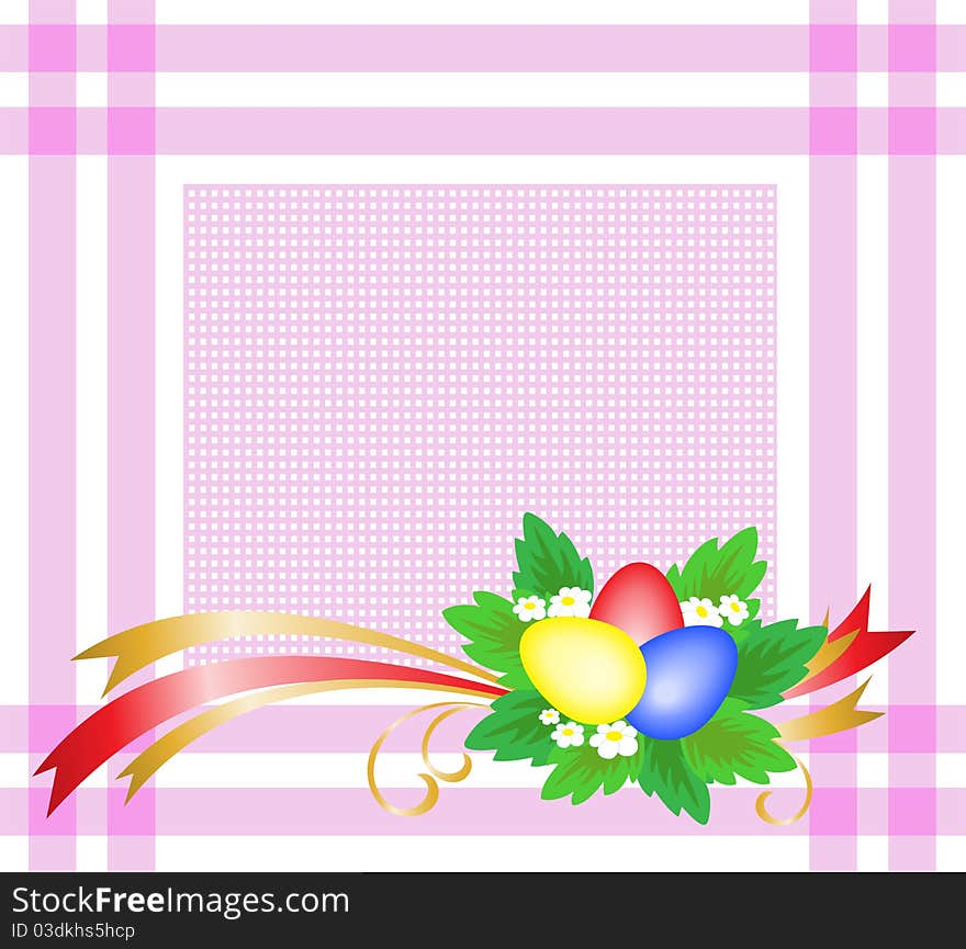 Easter eggs with a bouquet of pink on a checkered tablecloth. Easter eggs with a bouquet of pink on a checkered tablecloth