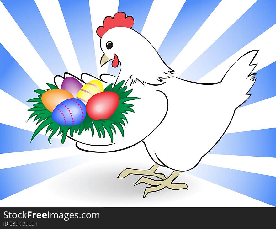 White chicken keeps a nest with colored eggs. White chicken keeps a nest with colored eggs